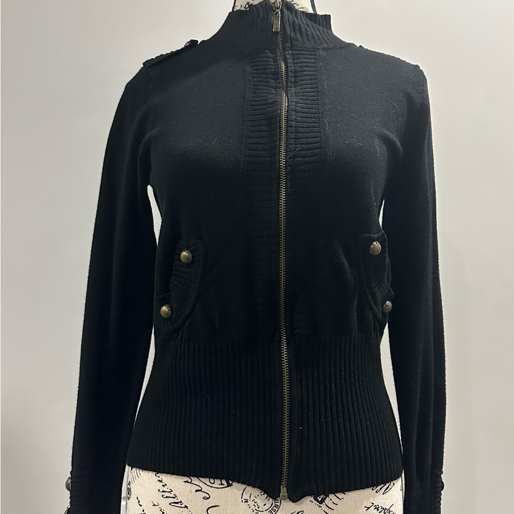 Black Zippered Cardigan with Button Accents - Size Small - Picture 4 of 8